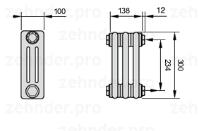 Схема (чертеж) Радиатор Zehnder Charleston 3030/3 №7610 Белый глянцевый RAL 9016